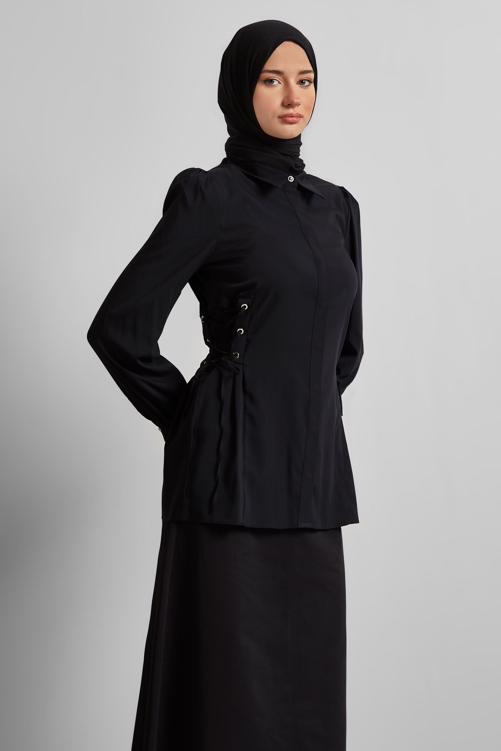 Tesettür giyim SİYAH BAĞCIK DETAYLI BLUZ 45498