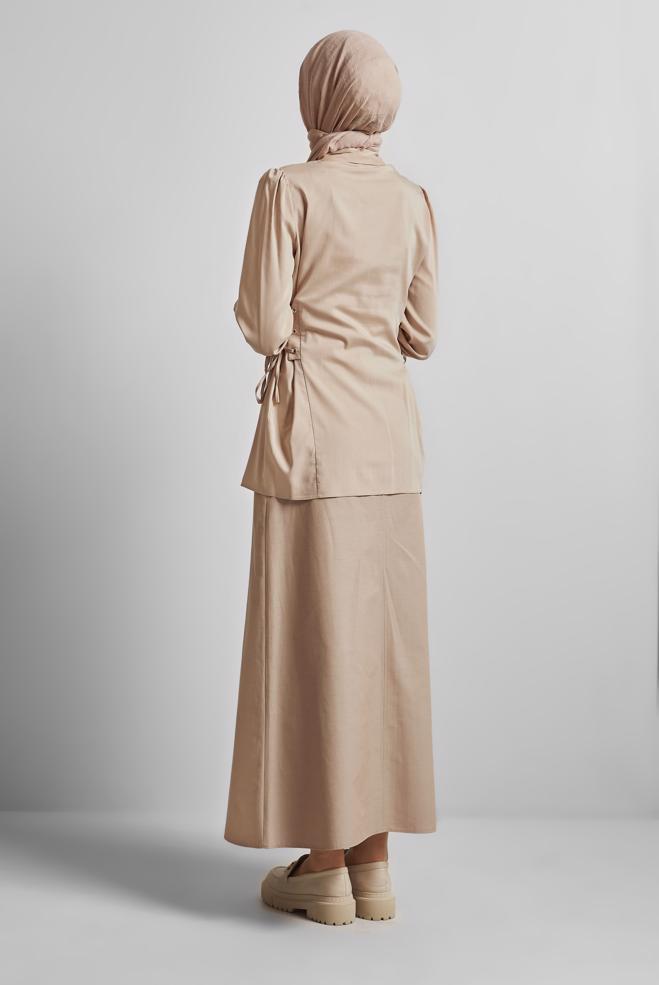 Tesettür giyim BEJ BAĞCIK DETAYLI BLUZ 45498 - ALVİNA