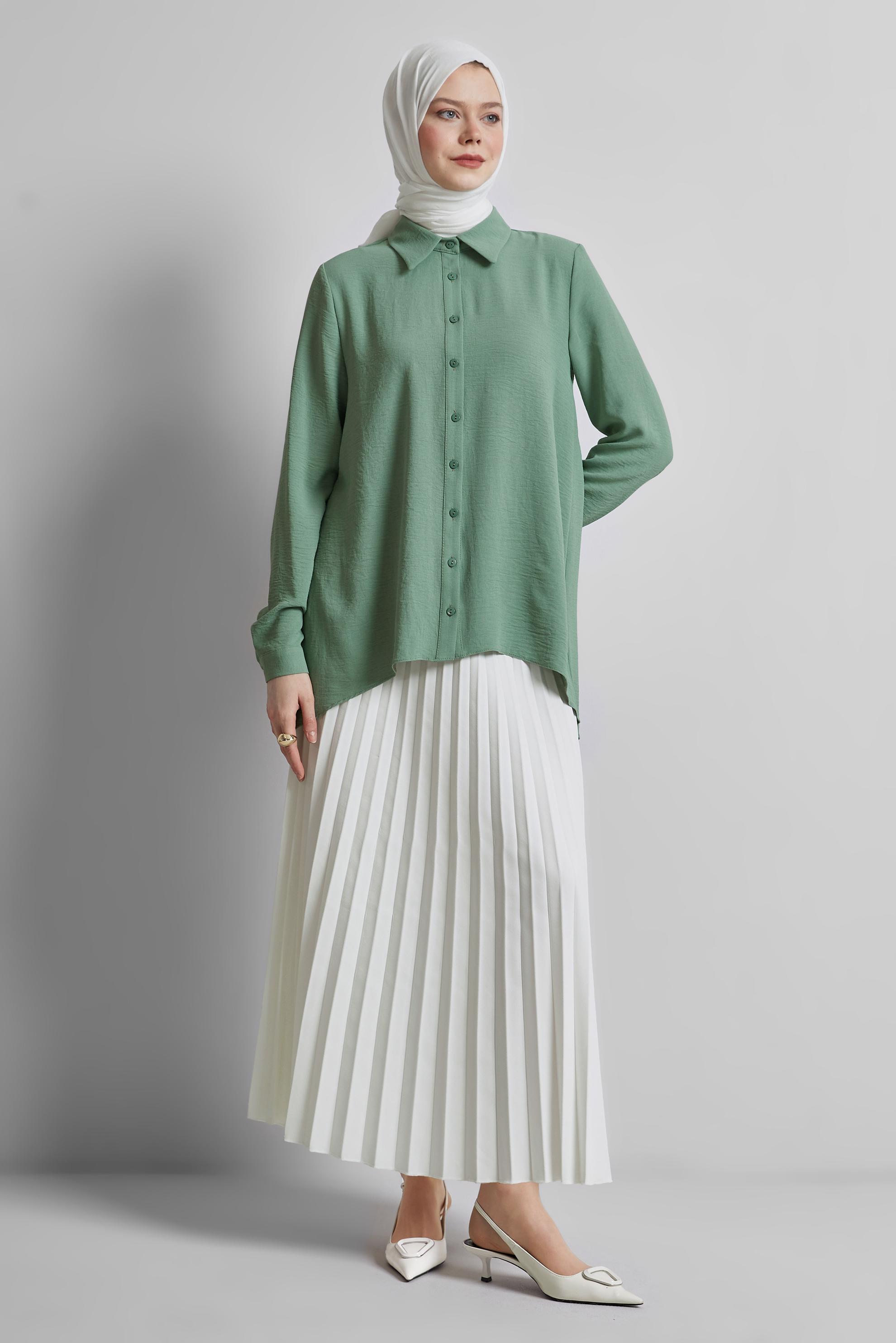 Tesettür giyim YEŞİL GÖMLEK YAKA BLUZ 45521