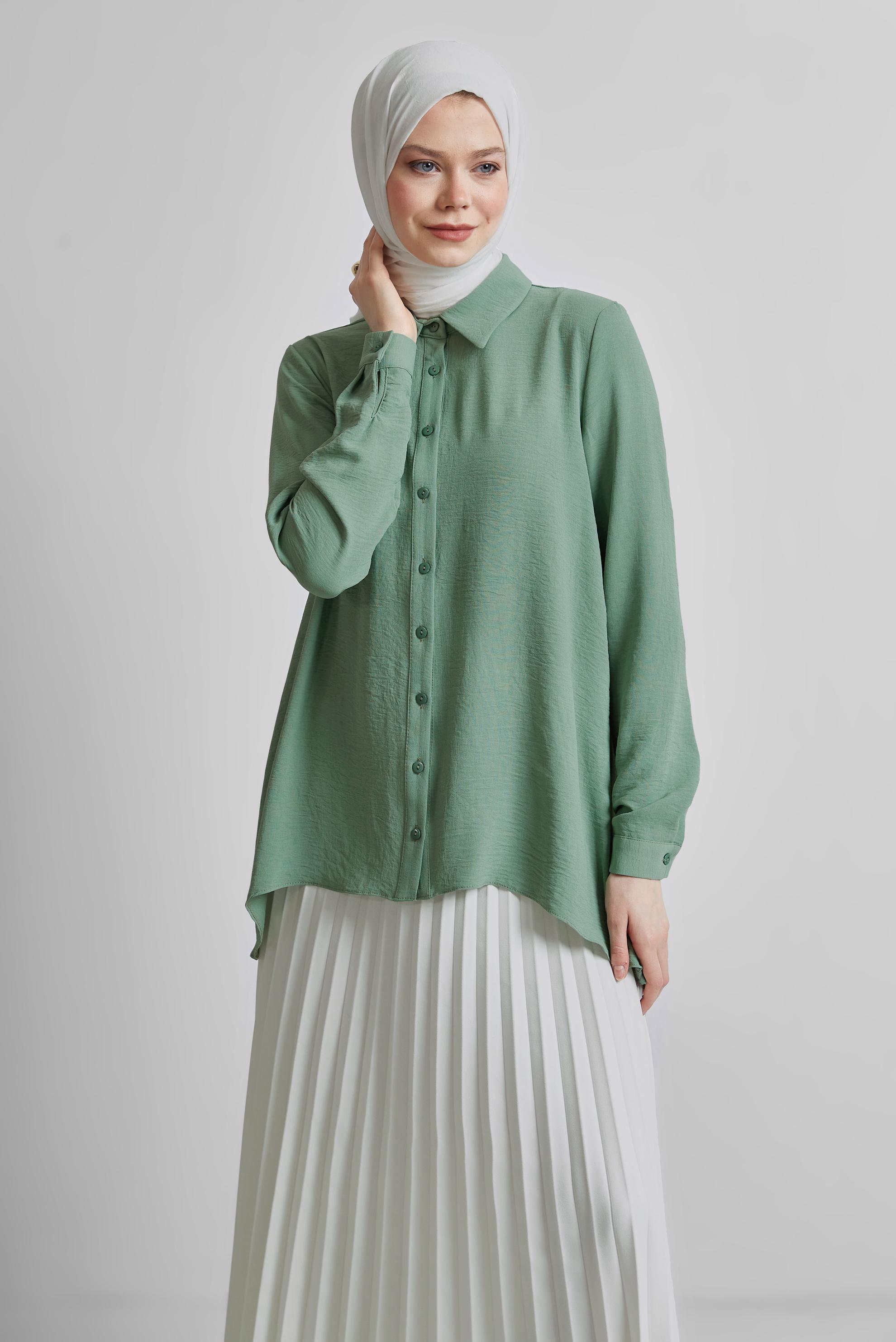 Tesettür giyim YEŞİL GÖMLEK YAKA BLUZ 45521