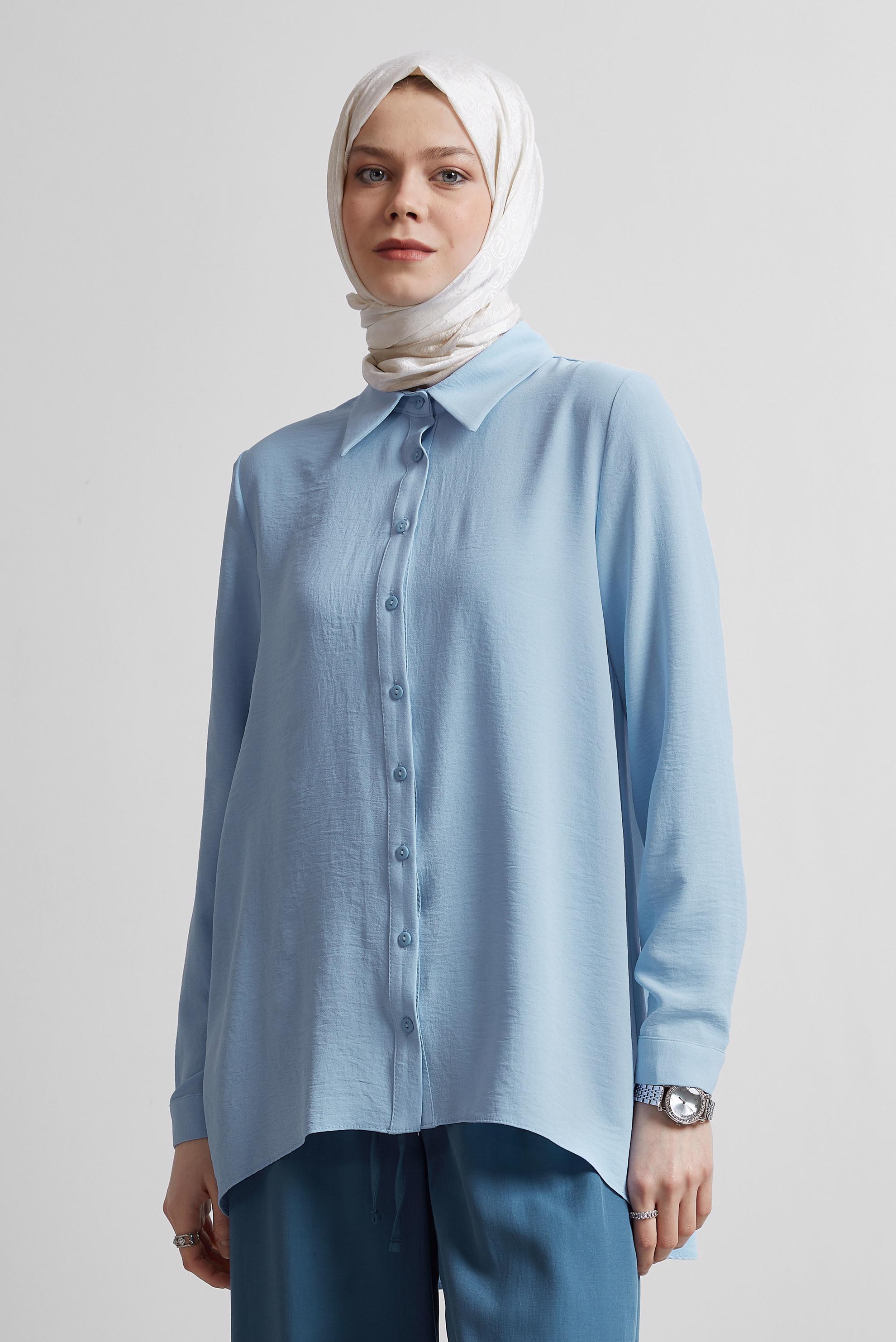 Tesettür giyim MAVİ GÖMLEK YAKA BLUZ 45521