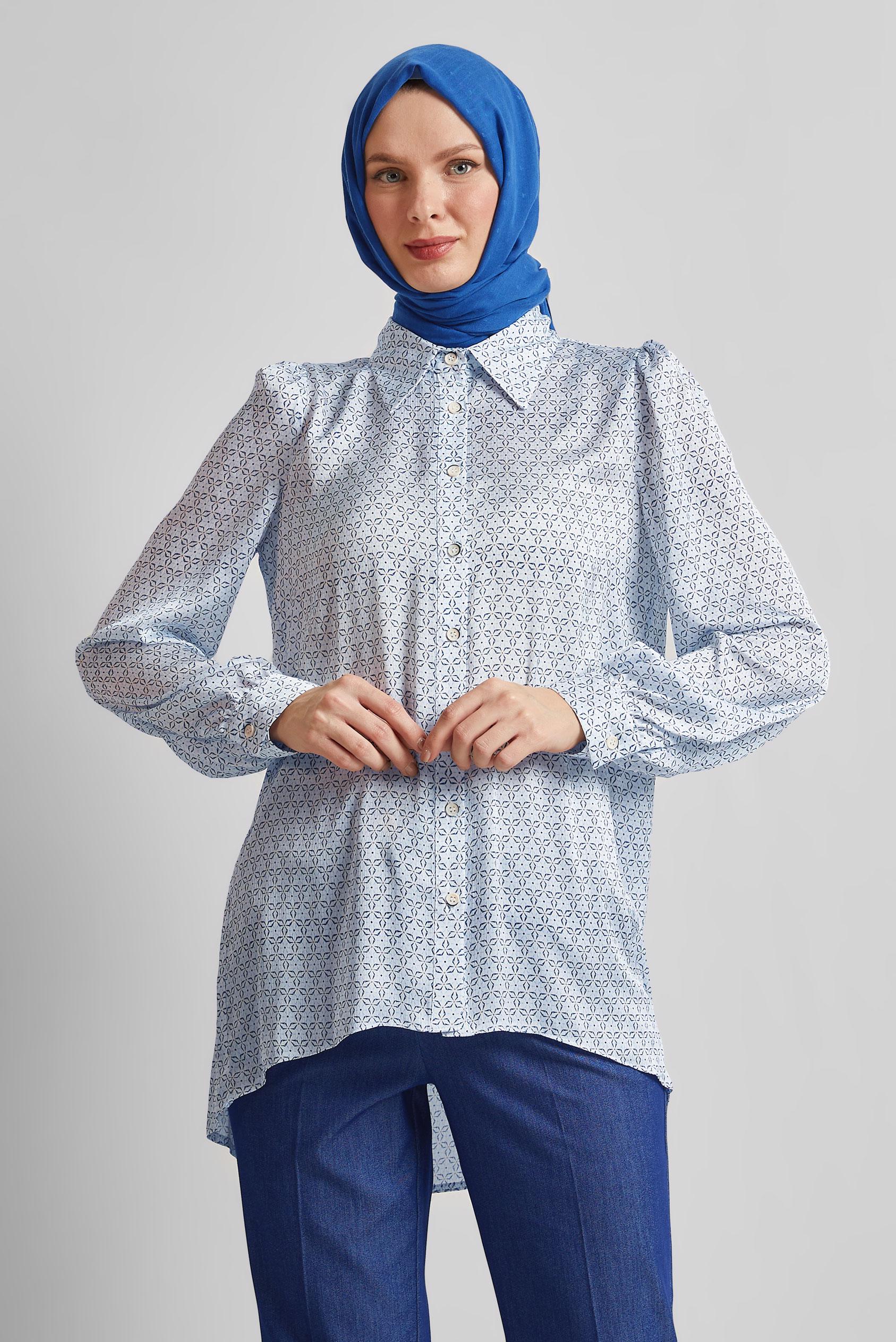 Tesettür giyim LACİVERT DESENLİ SATEN BLUZ 45594