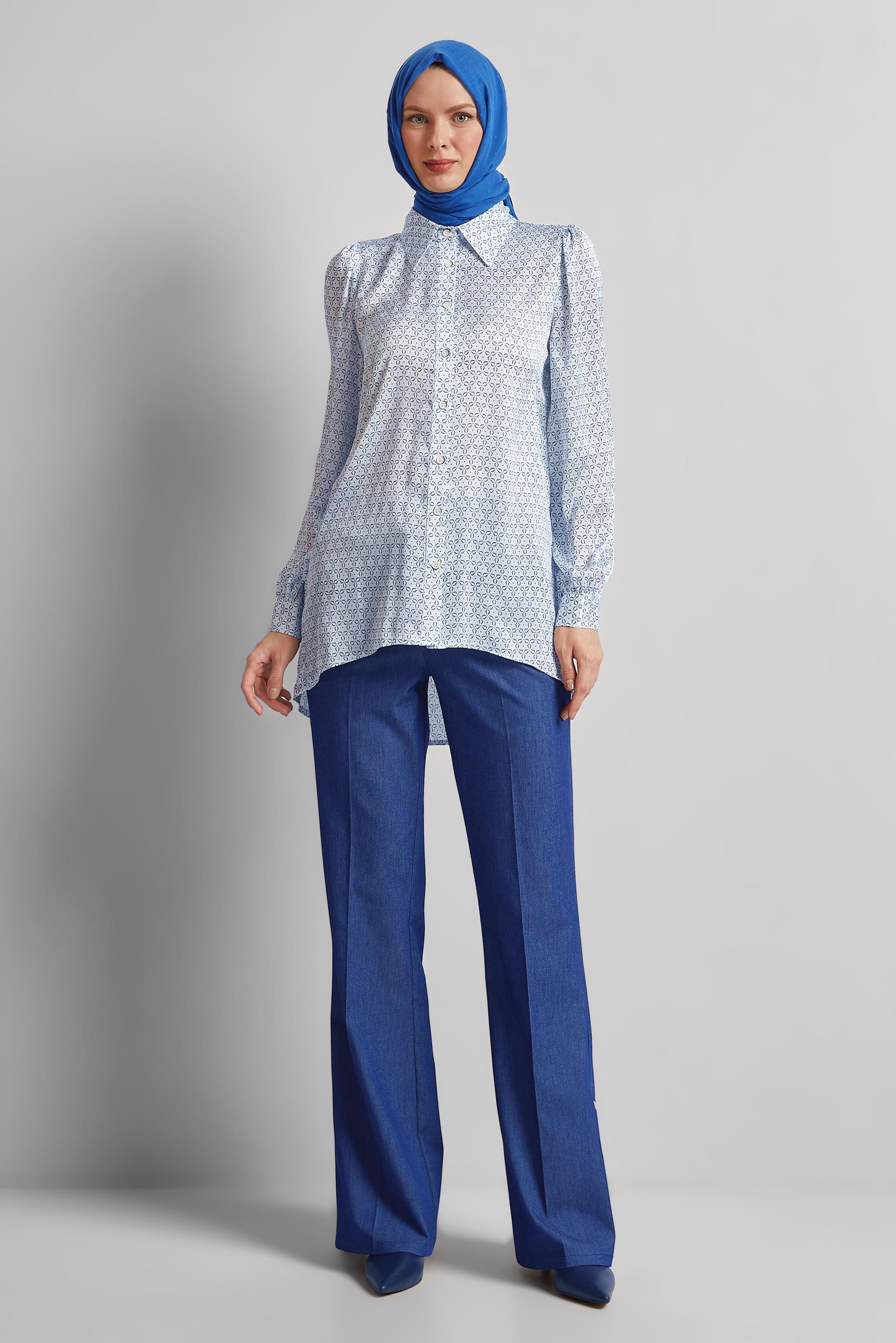 Tesettür giyim LACİVERT DESENLİ SATEN BLUZ 45594