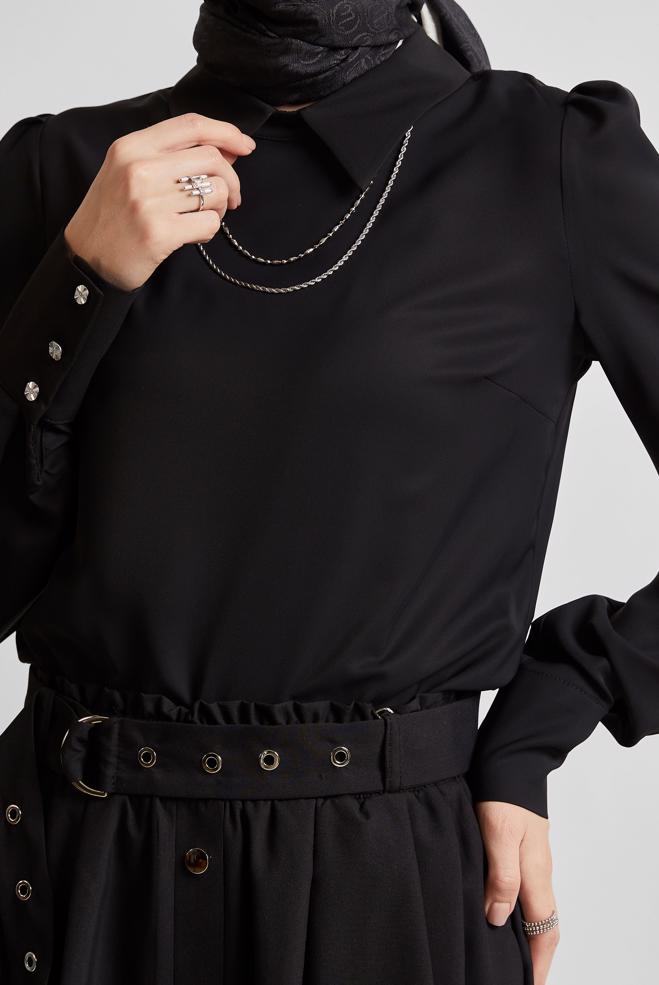 Tesettür giyim SİYAH GÖMLEK YAKA BLUZ 45597 - ALVİNA