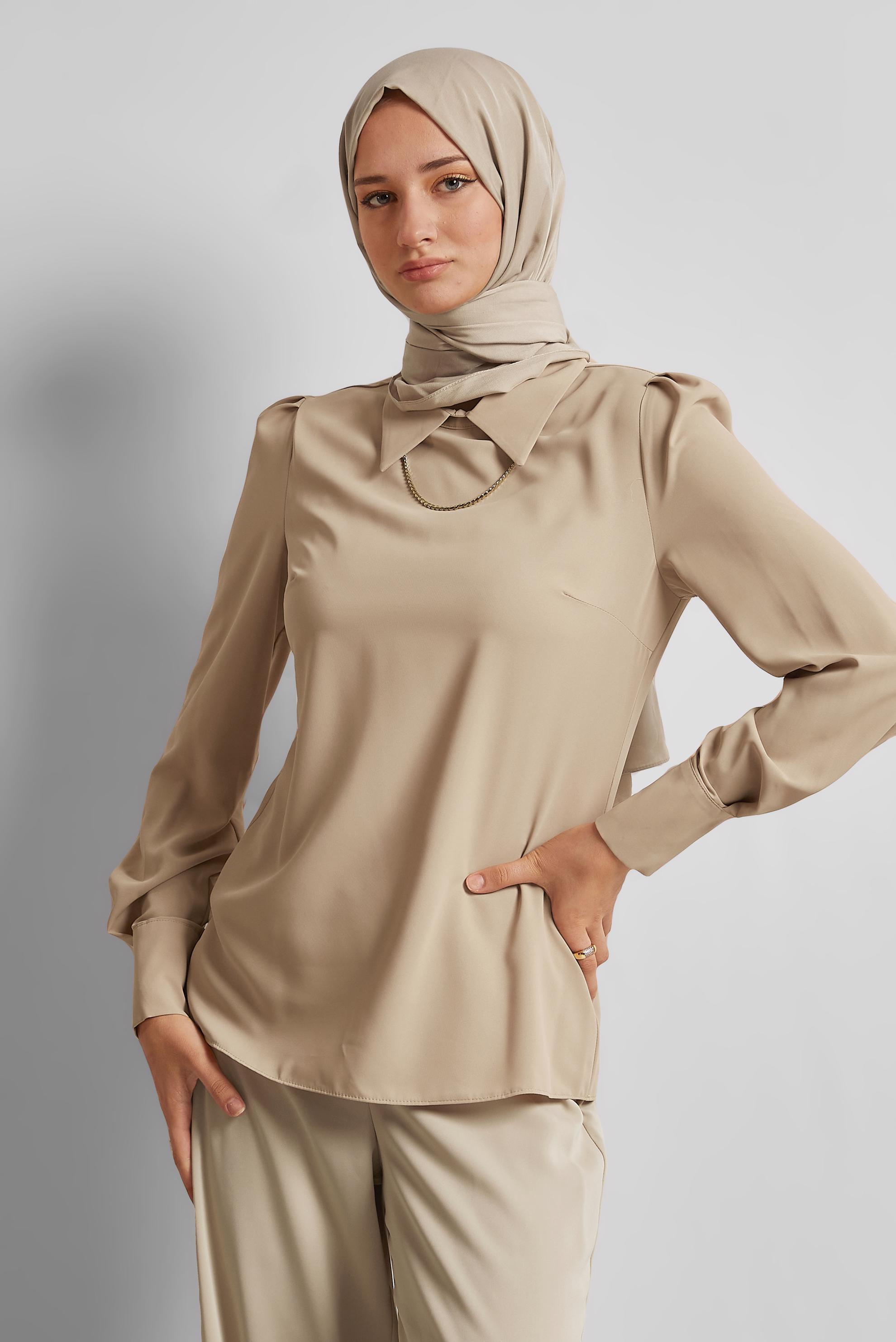 Tesettür giyim KAHVE GÖMLEK YAKA BLUZ 45597