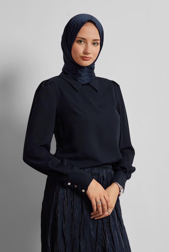 Tesettür giyim LACİVERT GÖMLEK YAKA BLUZ 45597 - ALVİNA