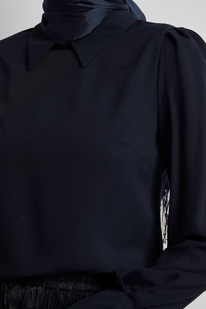 Tesettür giyim LACİVERT GÖMLEK YAKA BLUZ 45597 - ALVİNA