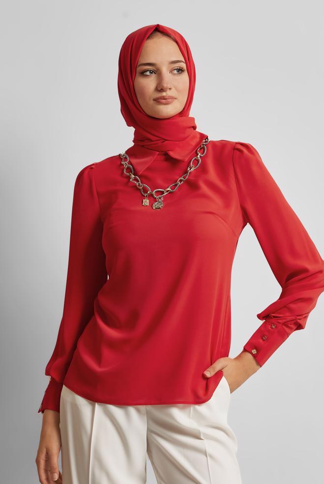 Tesettür giyim KIRMIZI GÖMLEK YAKA BLUZ 45597 - ALVİNA