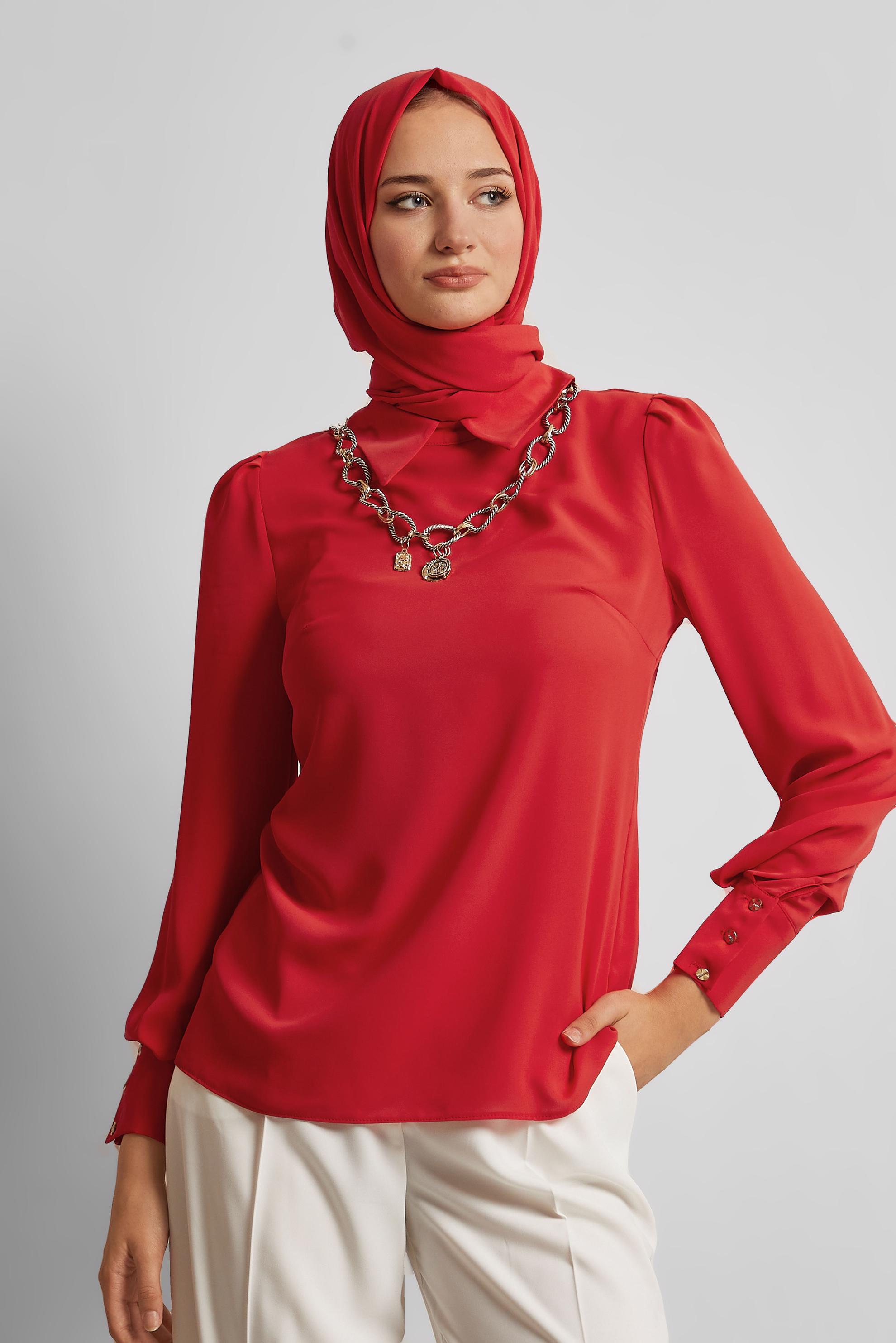 Tesettür giyim KIRMIZI GÖMLEK YAKA BLUZ 45597