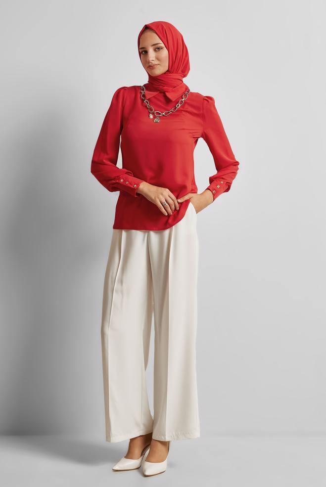Tesettür giyim KIRMIZI GÖMLEK YAKA BLUZ 45597 - ALVİNA