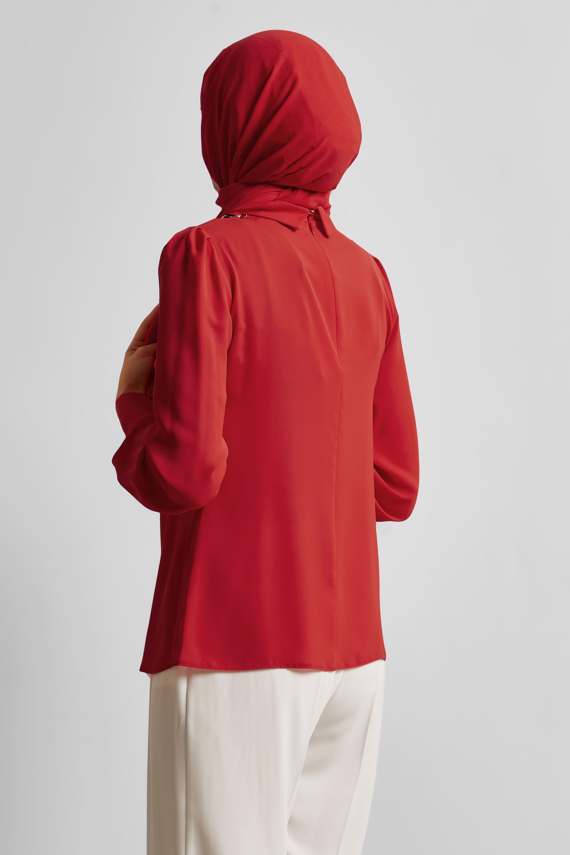 Tesettür giyim KIRMIZI GÖMLEK YAKA BLUZ 45597