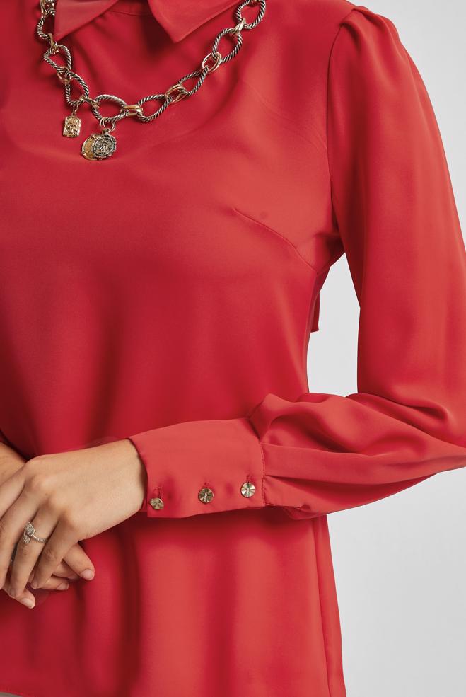 Tesettür giyim KIRMIZI GÖMLEK YAKA BLUZ 45597 - ALVİNA