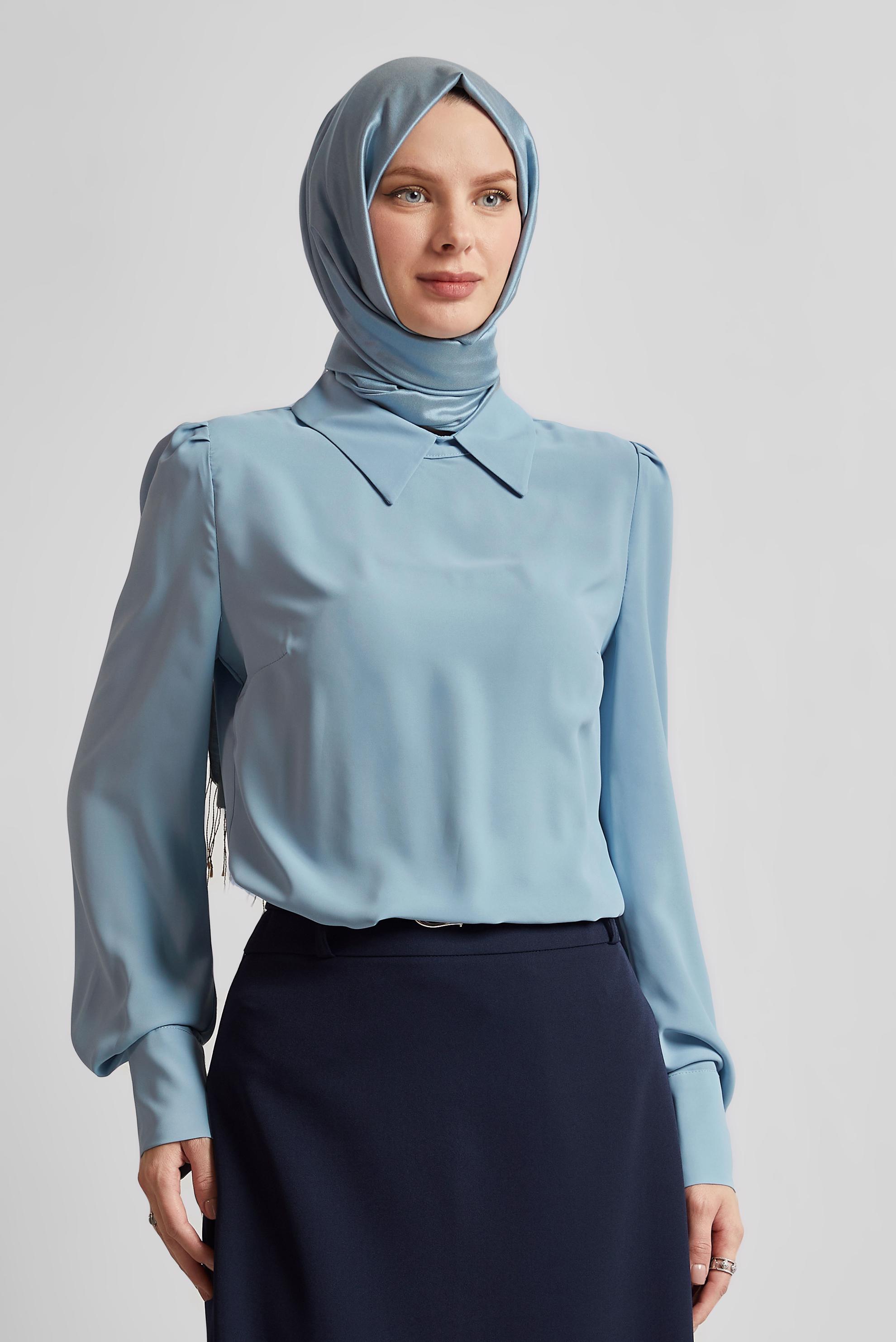 Tesettür giyim MAVİ GÖMLEK YAKA BLUZ 45597