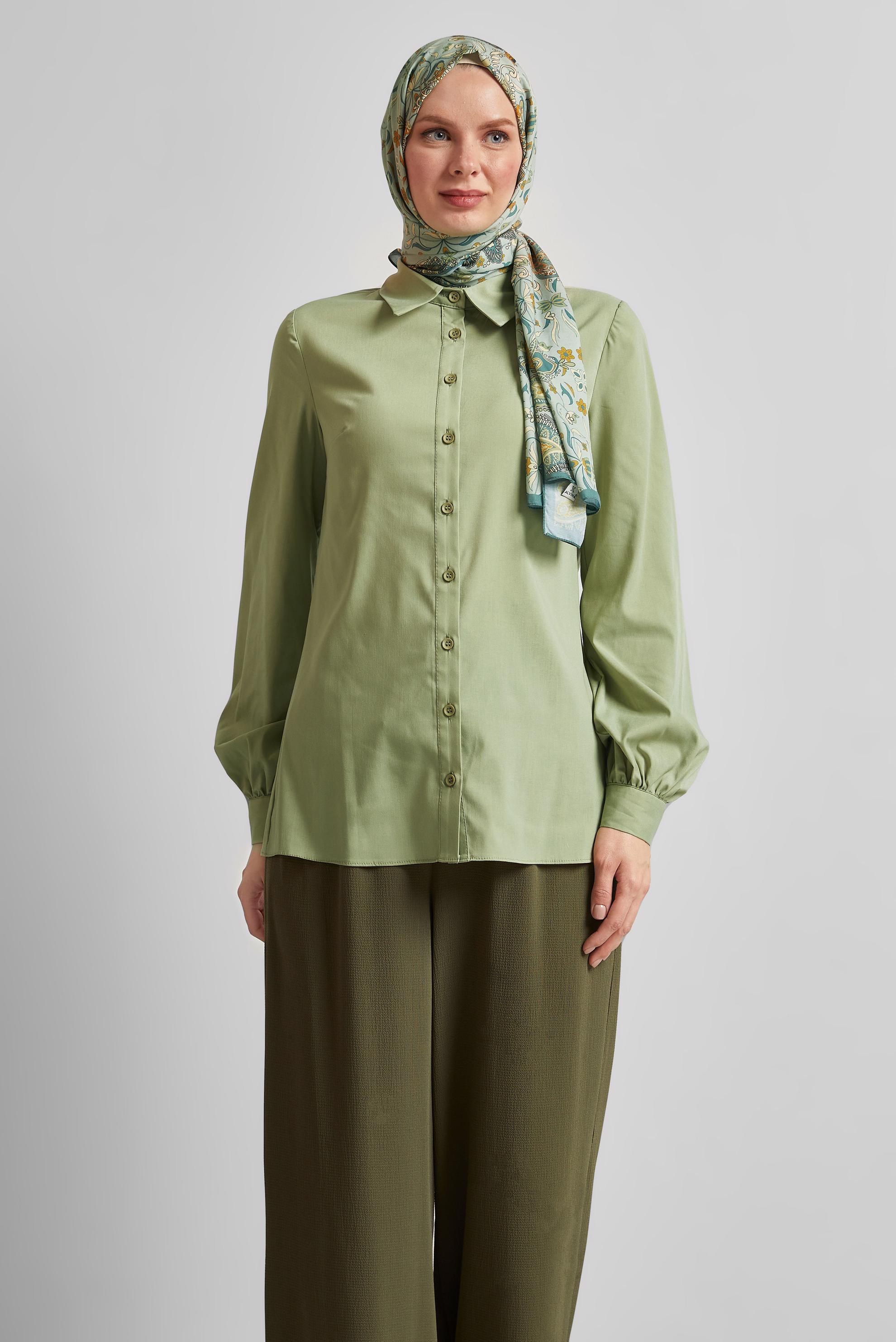 Tesettür giyim YEŞİL GÖMLEK YAKA BLUZ 45604 