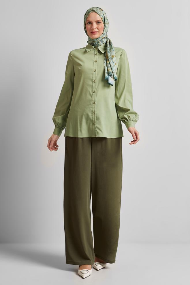 Tesettür giyim YEŞİL GÖMLEK YAKA BLUZ 45604  - ALVİNA