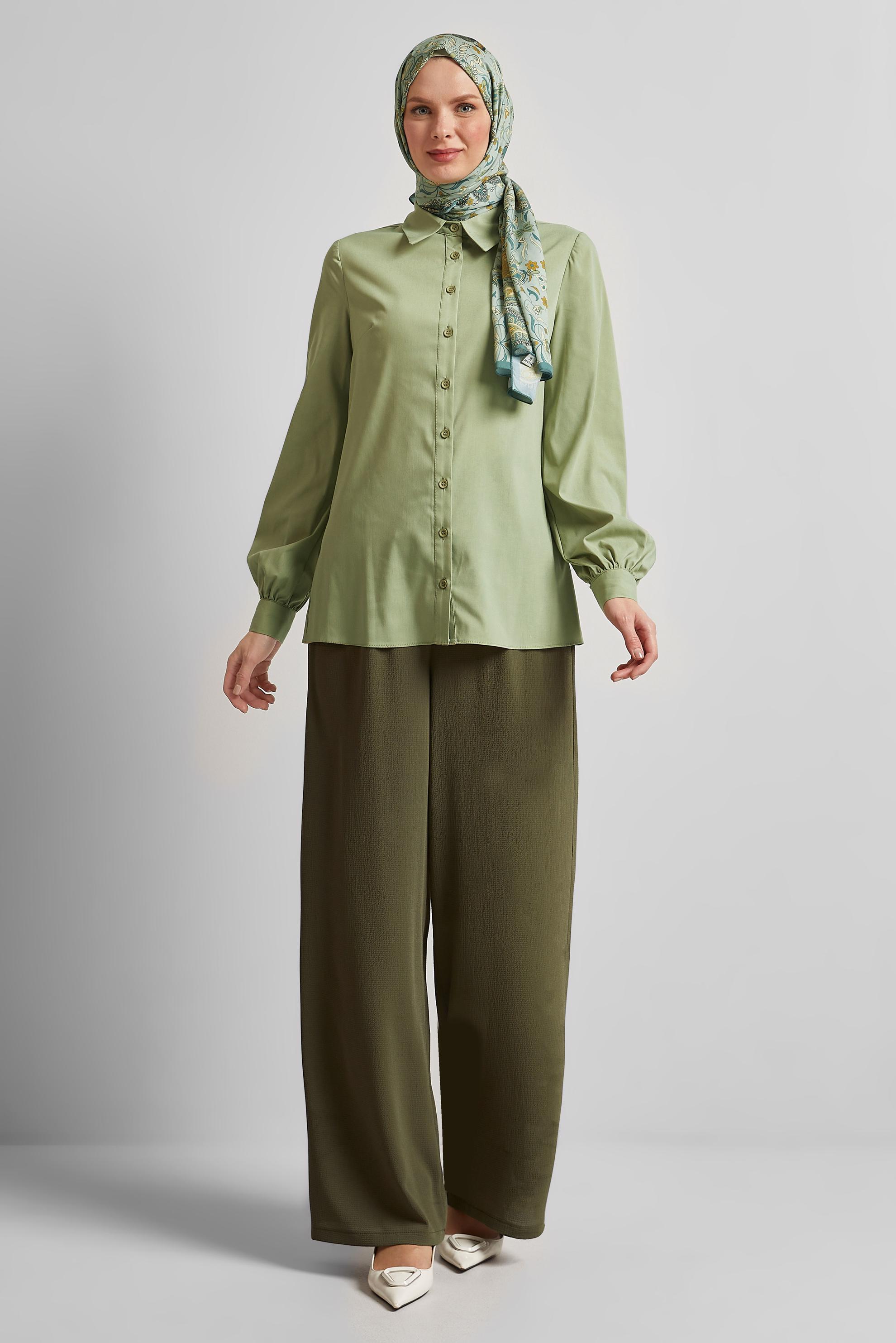 Tesettür giyim YEŞİL GÖMLEK YAKA BLUZ 45604 