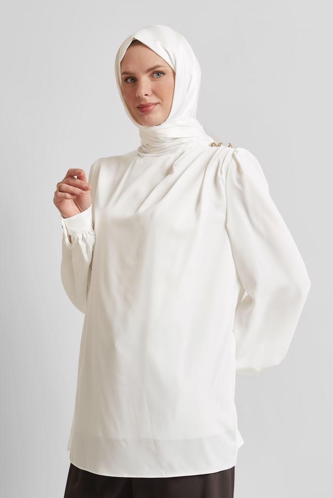 Tesettür giyim BEYAZ BİSİKLET YAKA BLUZ 45636 - ALVİNA