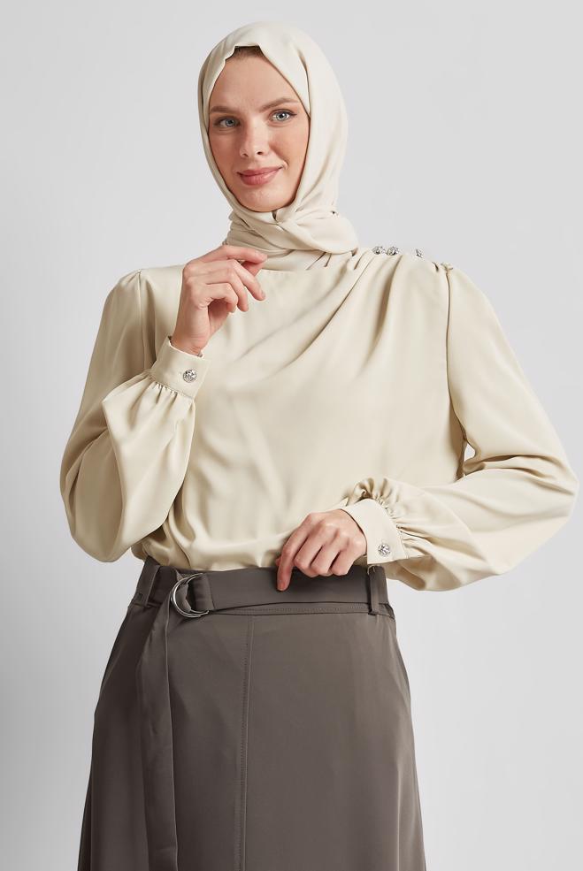 Tesettür giyim BEJ BİSİKLET YAKA BLUZ 45636 - ALVİNA
