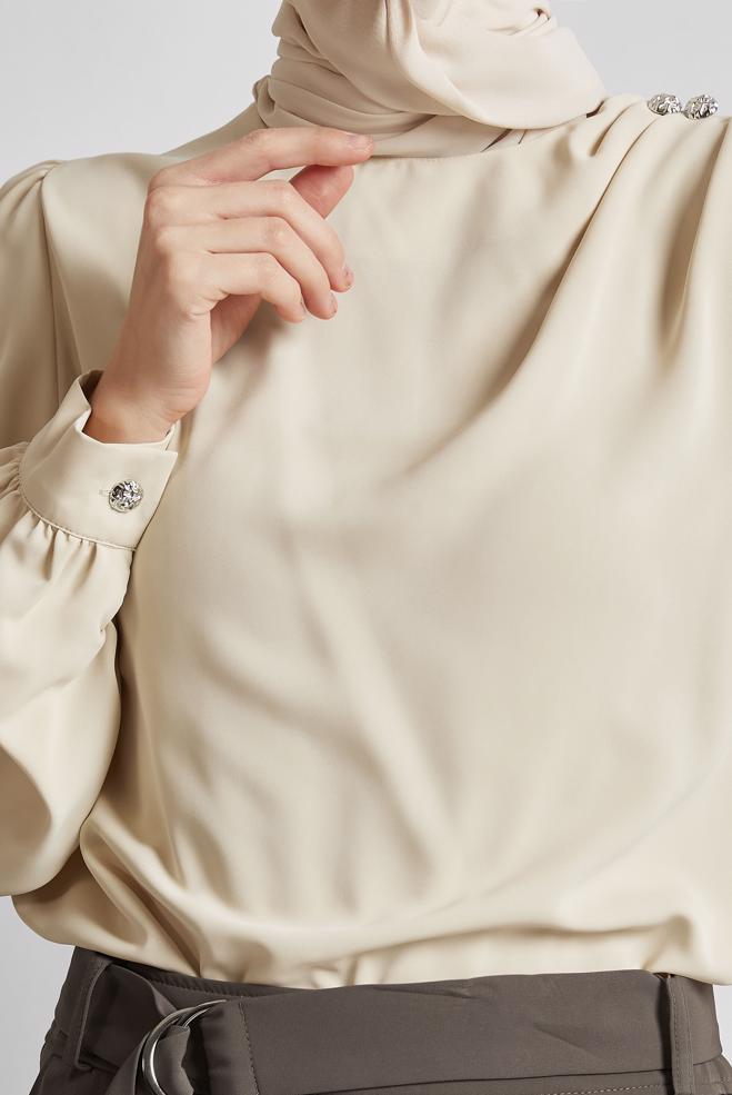 Tesettür giyim BEJ BİSİKLET YAKA BLUZ 45636 - ALVİNA