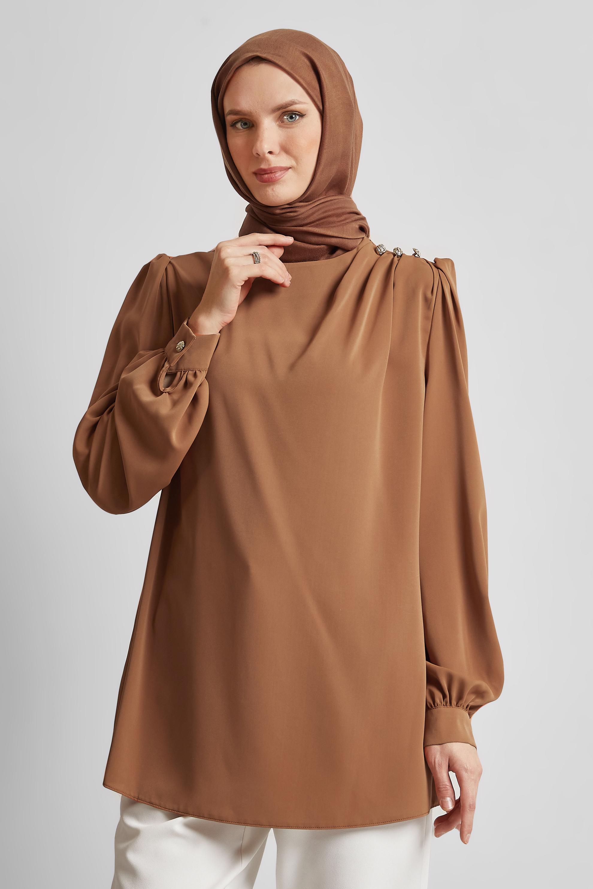 Tesettür giyim KAHVE BİSİKLET YAKA BLUZ 45636