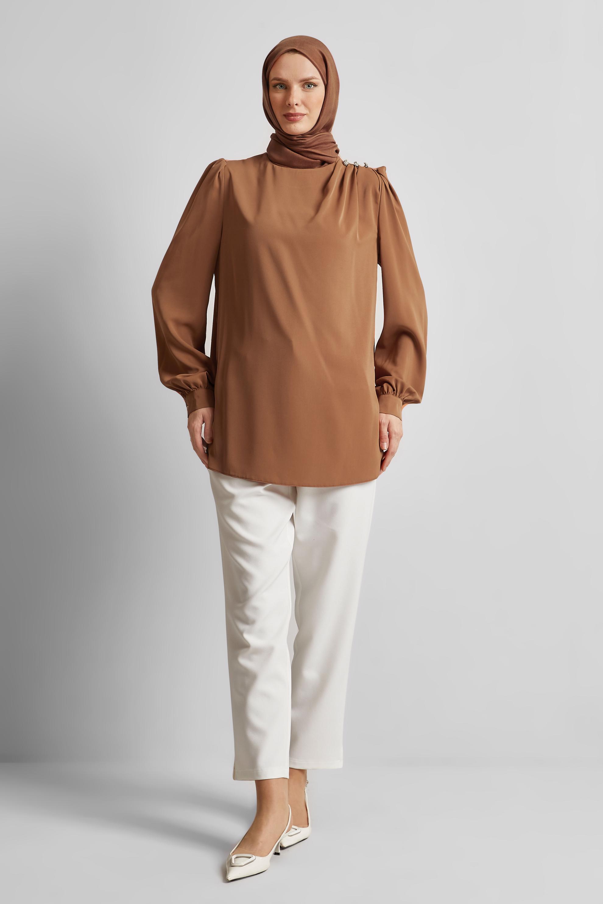 Tesettür giyim KAHVE BİSİKLET YAKA BLUZ 45636