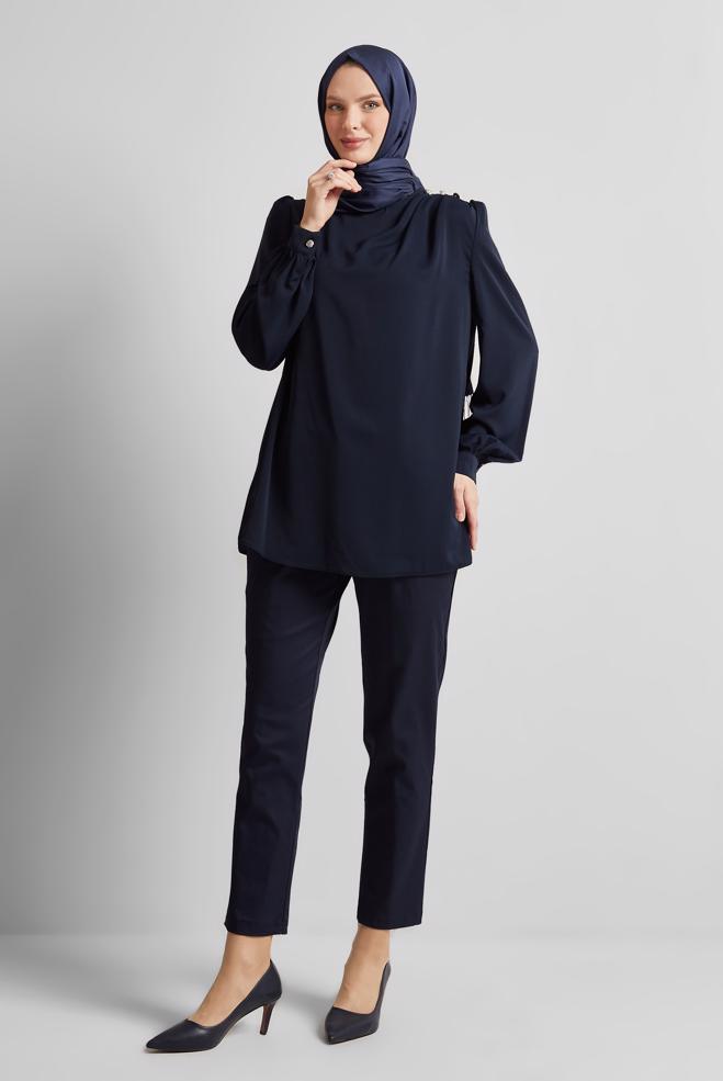 Tesettür giyim LACİVERT BİSİKLET YAKA BLUZ 45636 - ALVİNA