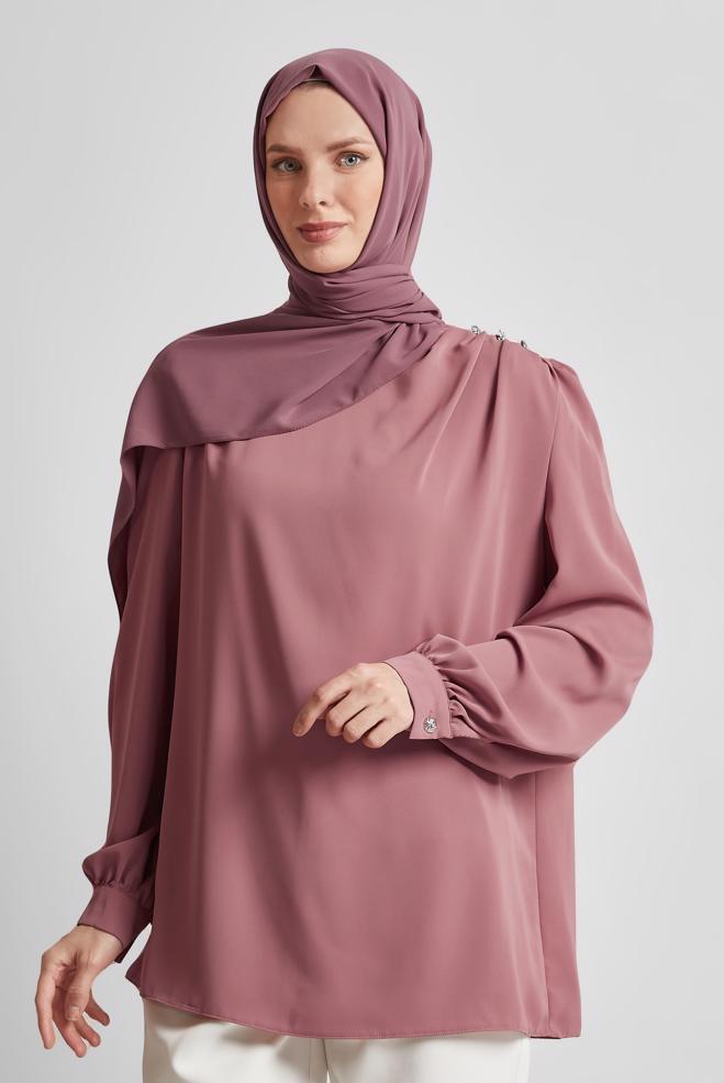 Tesettür giyim PEMBE BİSİKLET YAKA BLUZ 45636 - ALVİNA