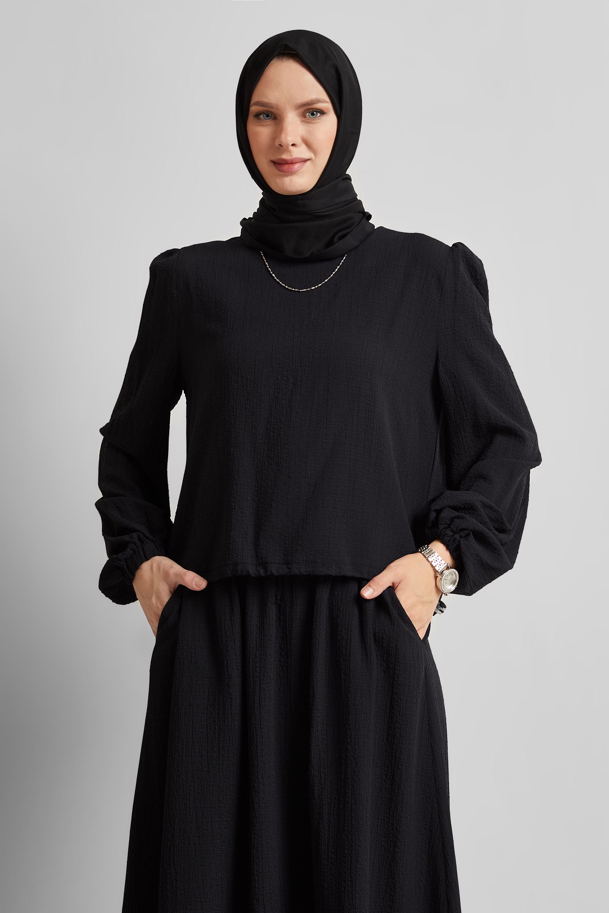 Hijab clothing BLACK SMOCKING WAIST BLOUSE 45656