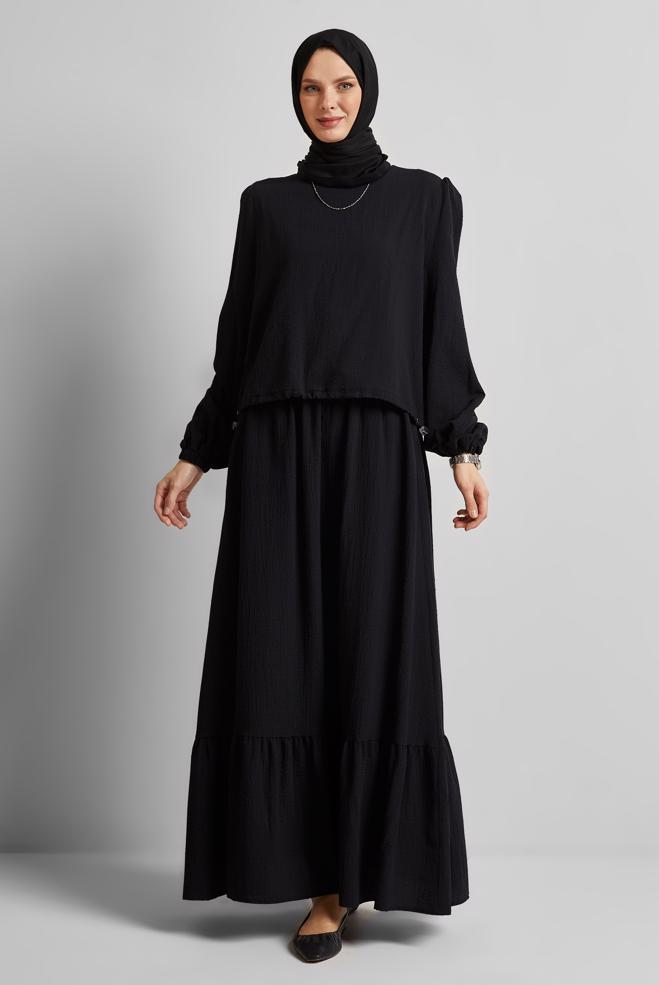 Tesettür giyim SİYAH BELİ BÜZGÜLÜ BLUZ 45656 - ALVİNA