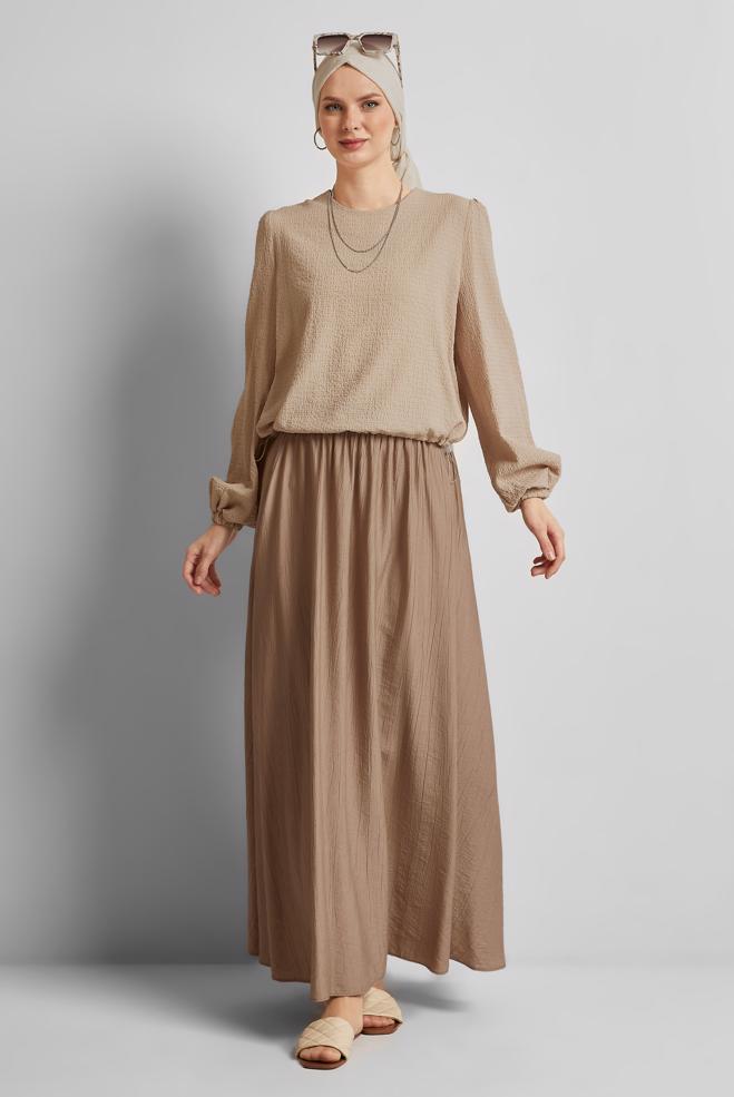 Tesettür giyim BEJ BELİ BÜZGÜLÜ BLUZ 45656 - ALVİNA