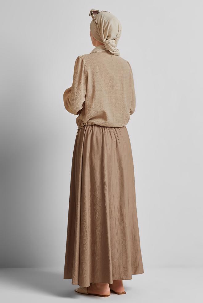 Tesettür giyim BEJ BELİ BÜZGÜLÜ BLUZ 45656 - ALVİNA