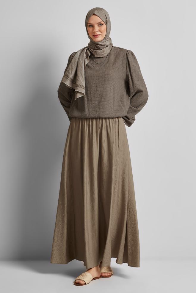 Tesettür giyim KAHVE BELİ BÜZGÜLÜ BLUZ 45656 - ALVİNA