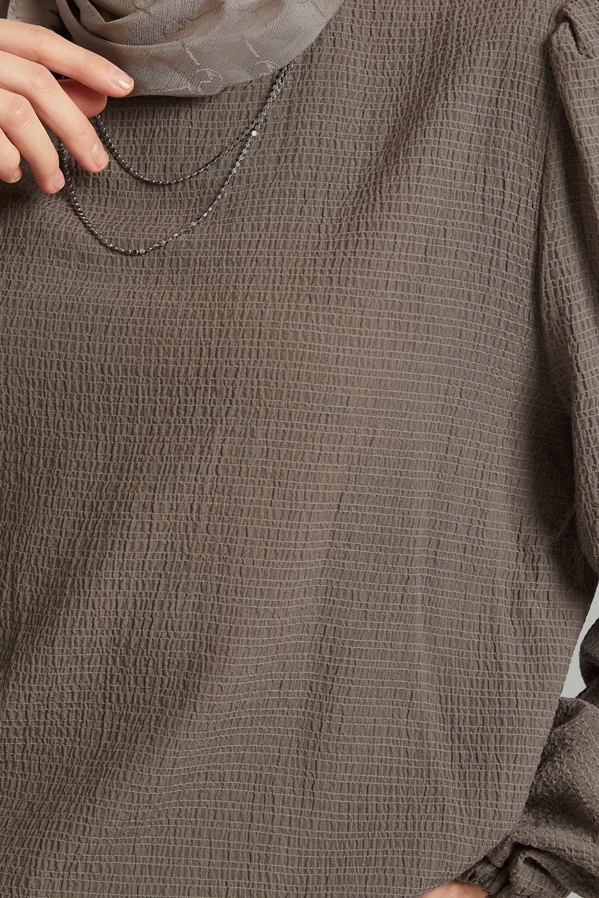 Tesettür giyim KAHVE BELİ BÜZGÜLÜ BLUZ 45656