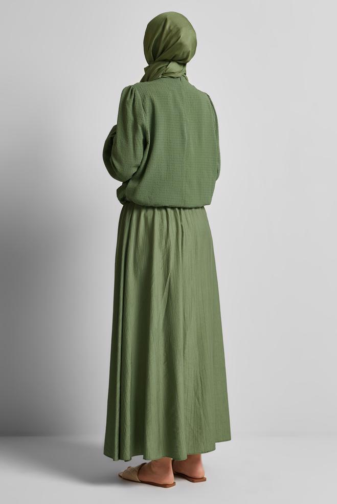 Tesettür giyim HAKİ BELİ BÜZGÜLÜ BLUZ 45656 - ALVİNA