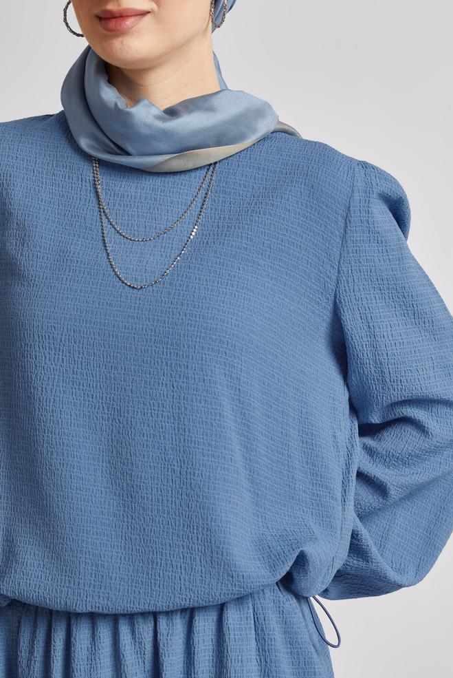 Tesettür giyim LACİVERT BELİ BÜZGÜLÜ BLUZ 45656 - ALVİNA