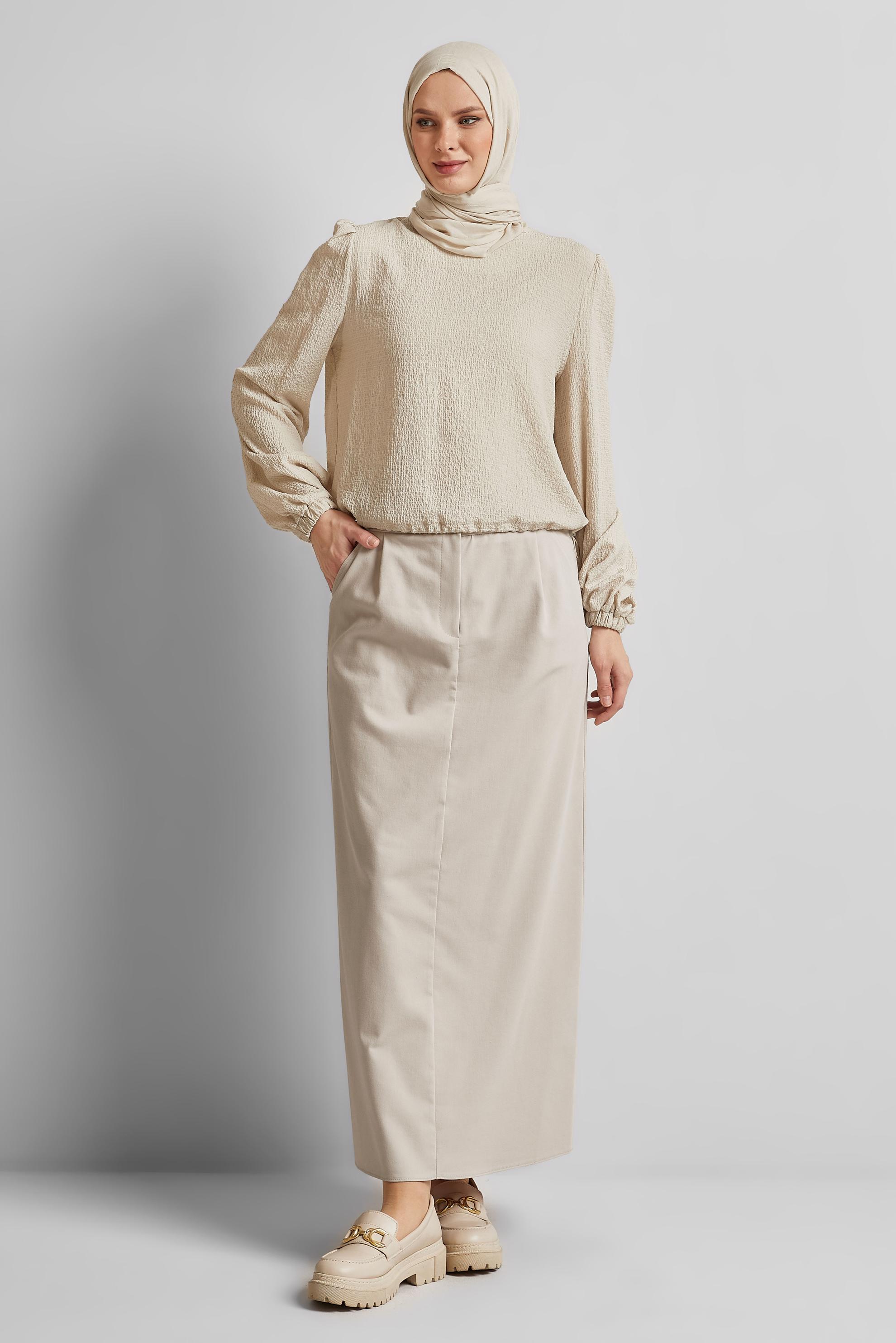 Tesettür giyim BEJ BELİ BÜZGÜLÜ BLUZ 45656