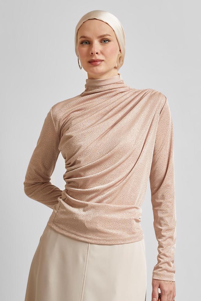 Tesettür giyim PUDRA DRAPE DETAYLI BLUZ 45680 - ALVİNA