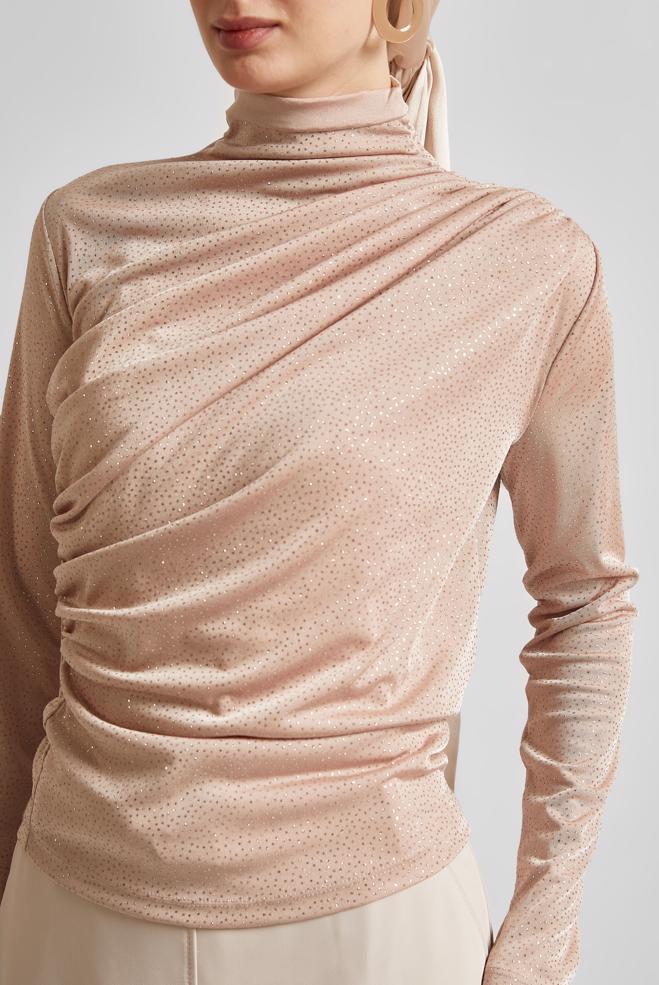 Tesettür giyim PUDRA DRAPE DETAYLI BLUZ 45680 - ALVİNA