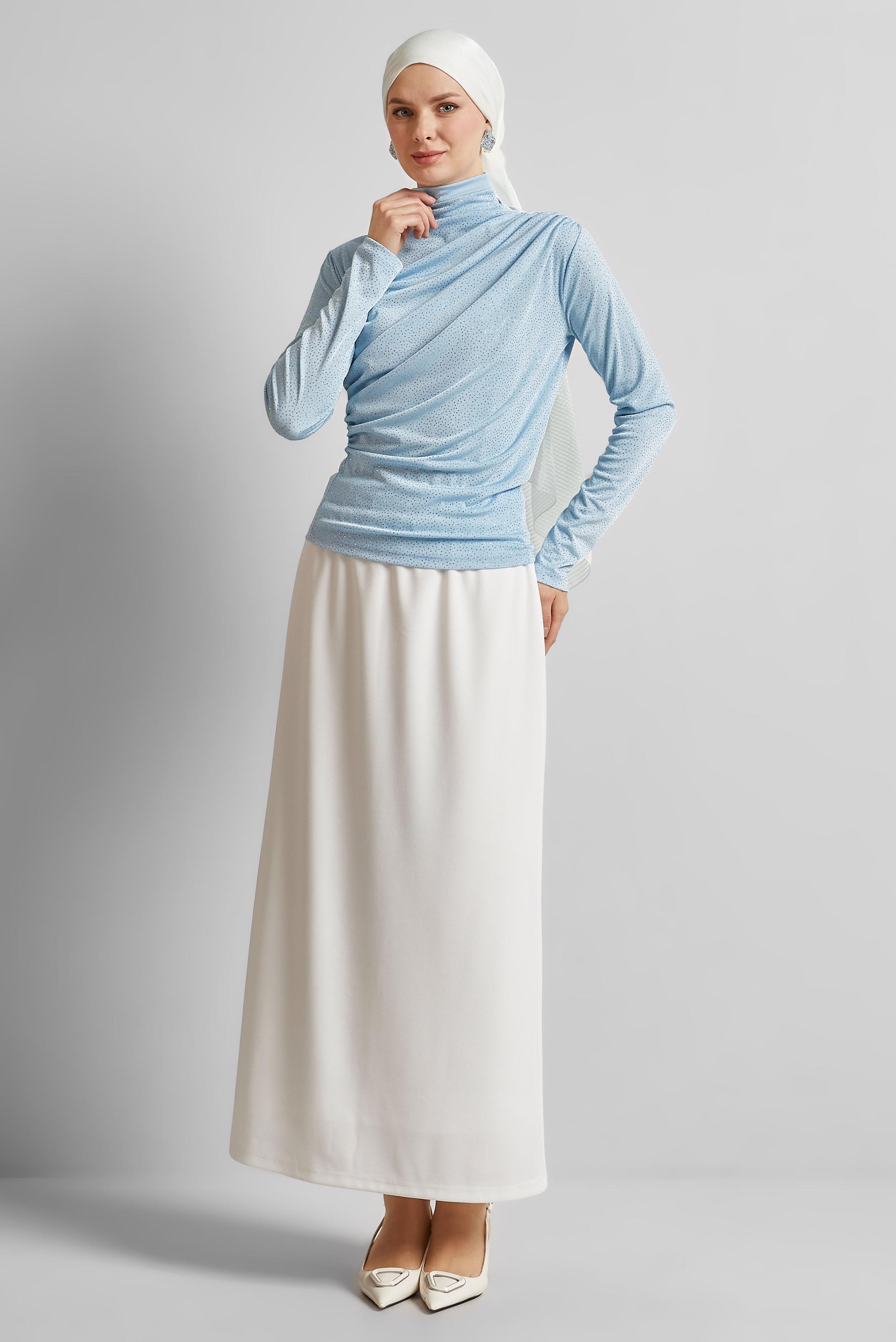 Tesettür giyim MAVİ DRAPE DETAYLI BLUZ 45680