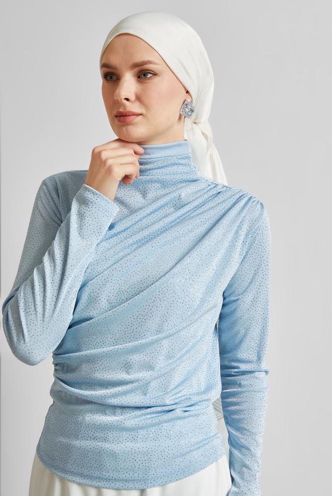 Tesettür giyim MAVİ DRAPE DETAYLI BLUZ 45680 - ALVİNA