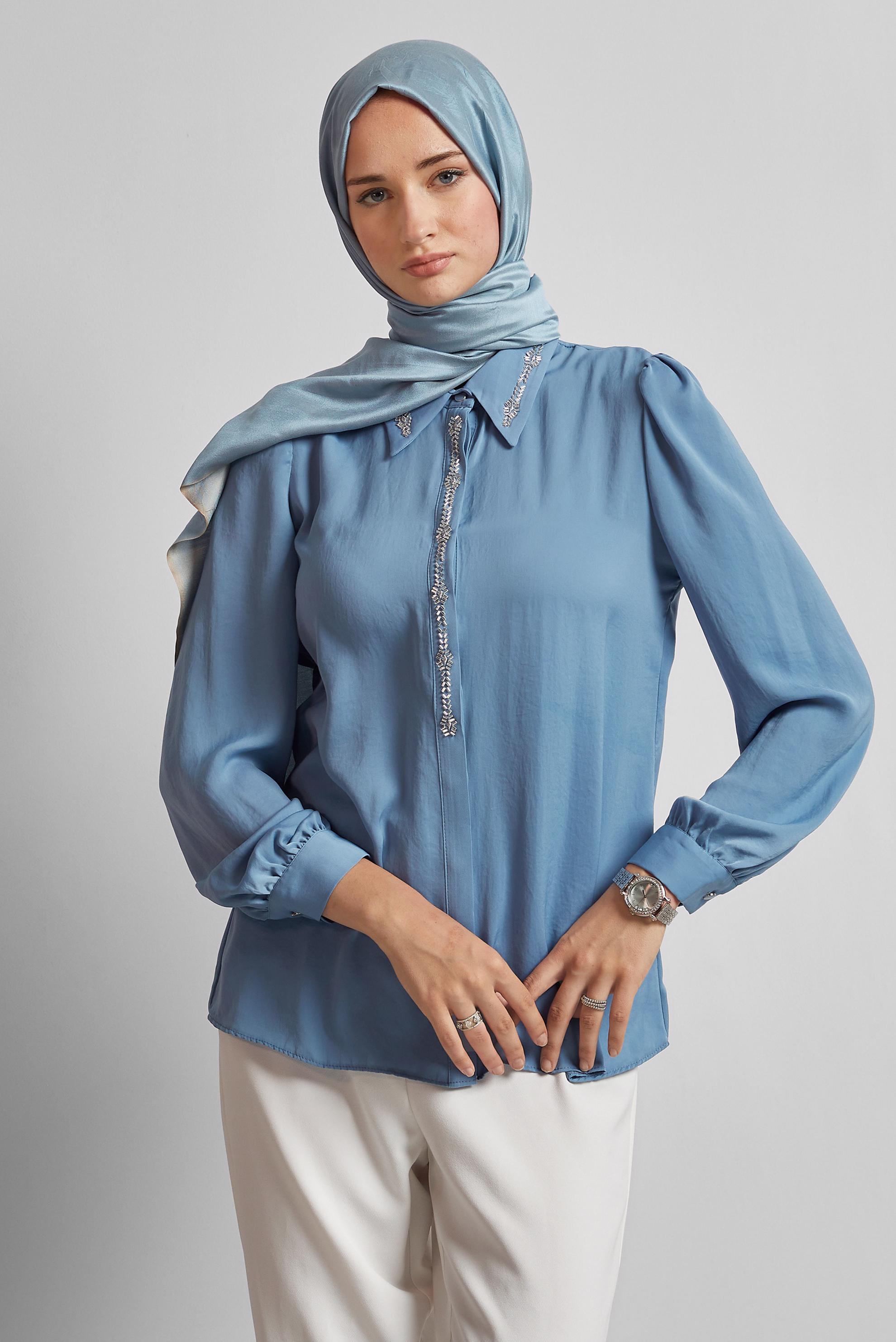 Vêtements hijab BLEU CHEMISIER DÉTAILLÉ DE GEMME 45682