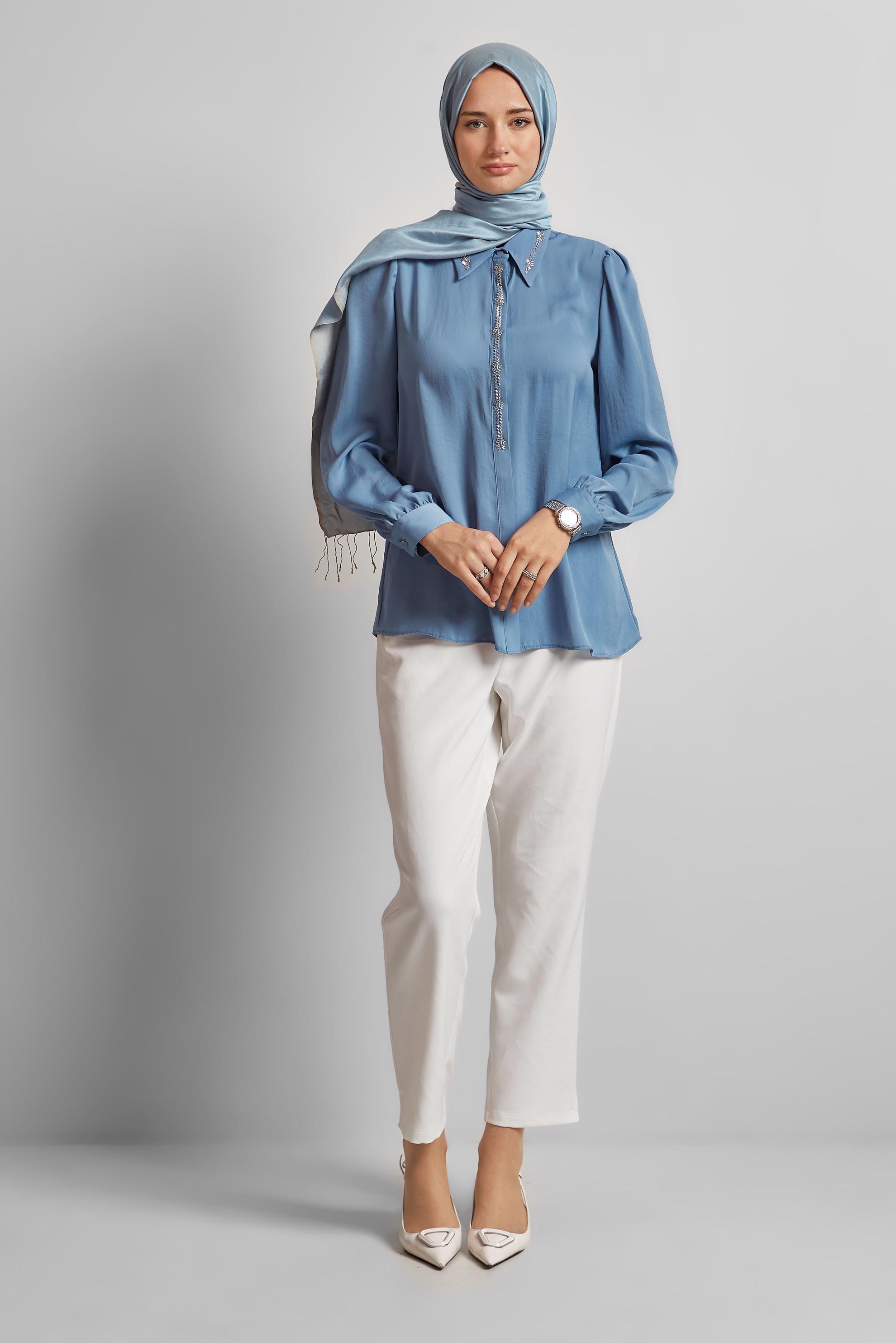 Vêtements hijab BLEU CHEMISIER DÉTAILLÉ DE GEMME 45682