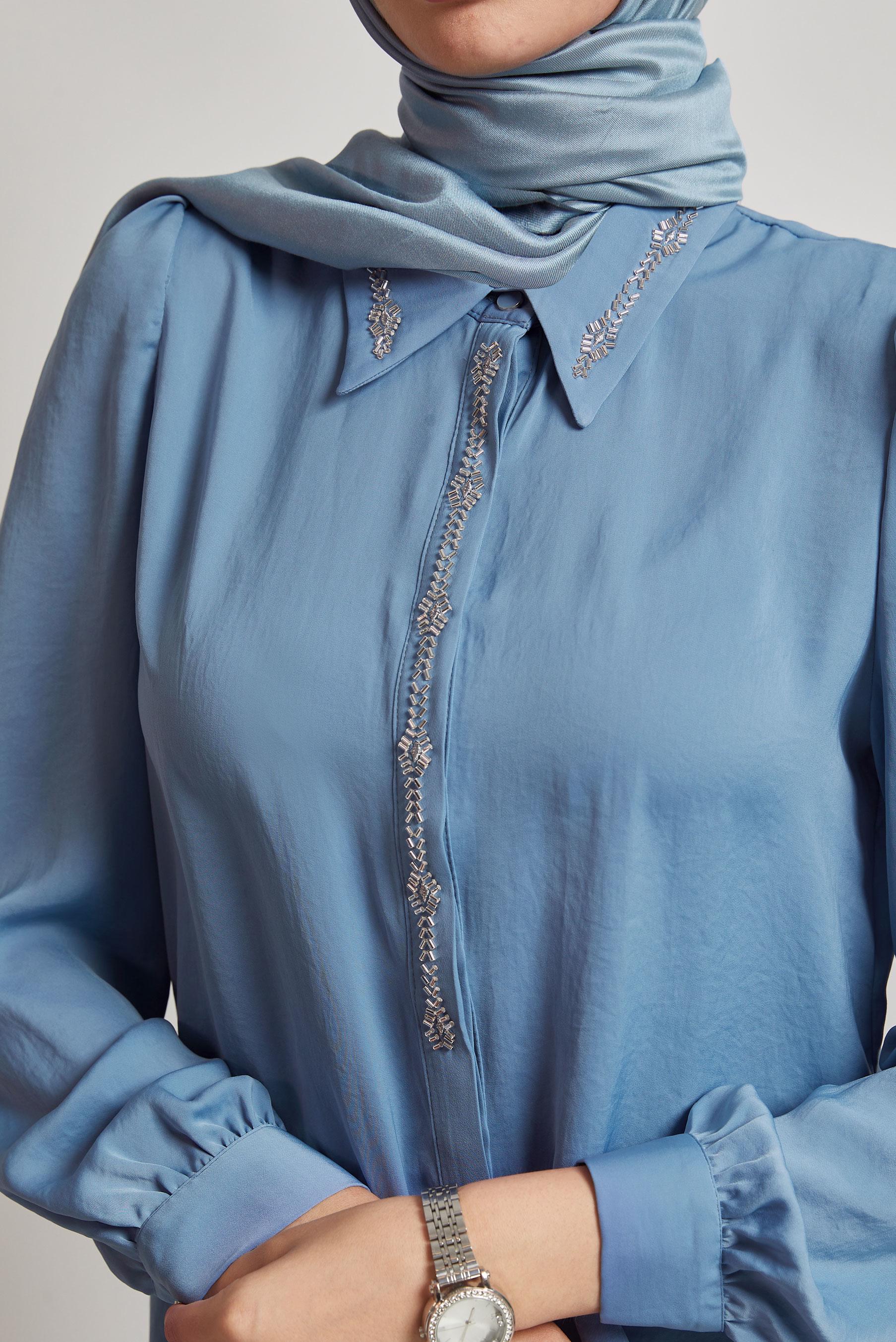 Vêtements hijab BLEU CHEMISIER DÉTAILLÉ DE GEMME 45682