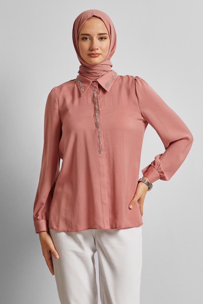 Tesettür giyim PUDRA TAŞ DETAYLI BLUZ 45682 - ALVİNA