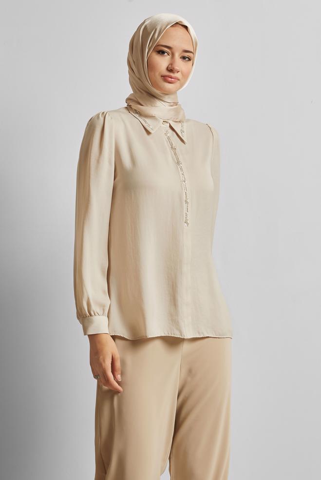Tesettür giyim BEJ TAŞ DETAYLI BLUZ 45682 - ALVİNA