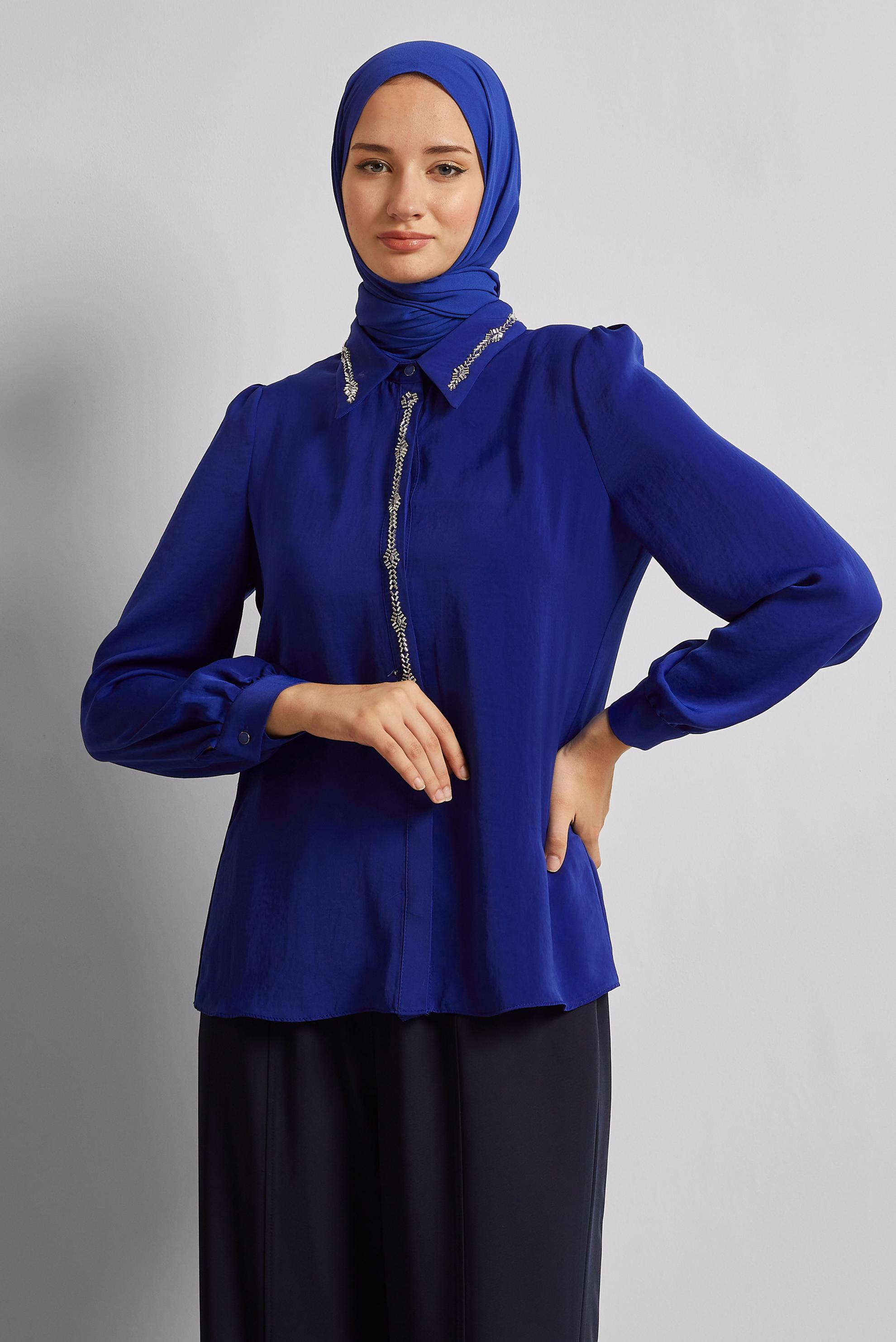 Hijab clothing NAVY BLUE GEM DETAILED BLOUSE 45682