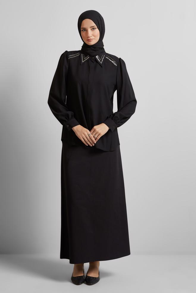 Tesettür giyim SİYAH BONCUK DETAYLI BLUZ 45684 - ALVİNA