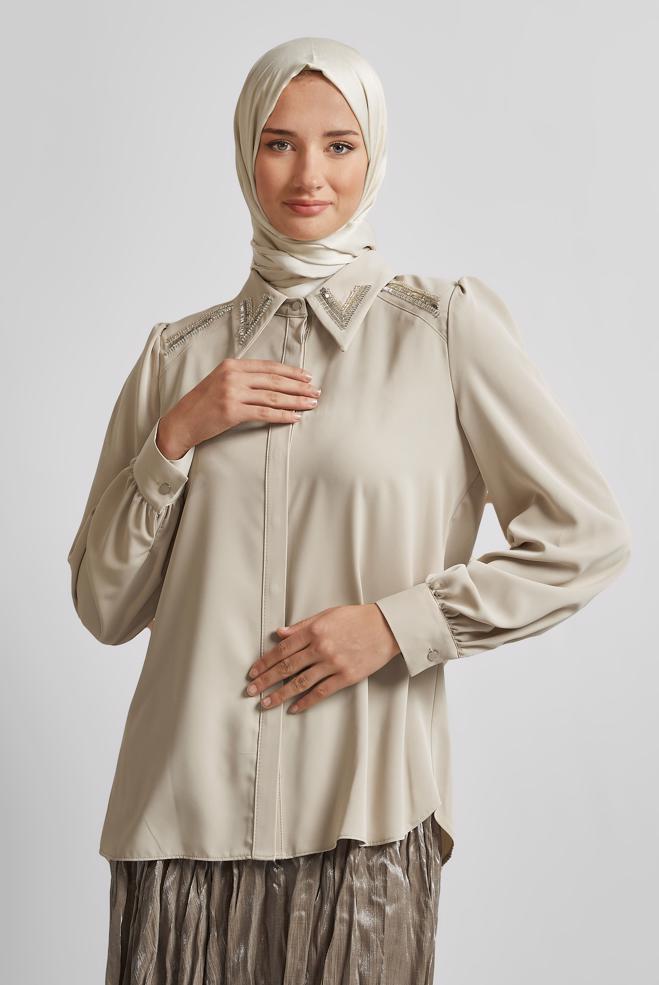 Tesettür giyim BEJ BONCUK DETAYLI BLUZ 45684 - ALVİNA