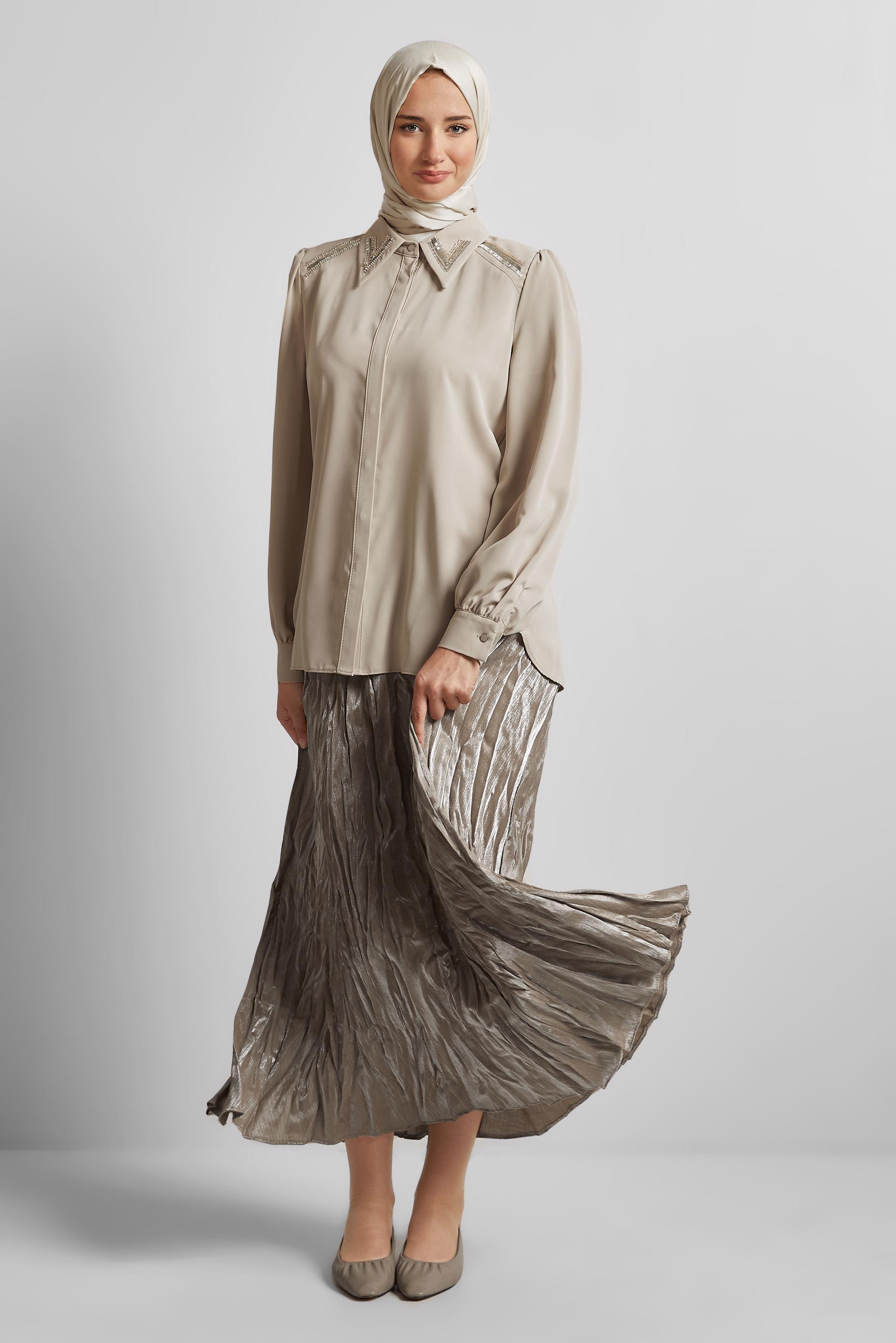 Tesettür giyim BEJ BONCUK DETAYLI BLUZ 45684