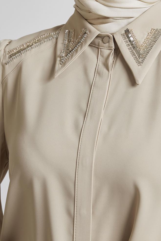 Tesettür giyim BEJ BONCUK DETAYLI BLUZ 45684 - ALVİNA